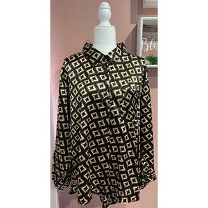 Rue+ Satin Button Up Tie Front Printed Top Gold Black Size-X2 NWT
